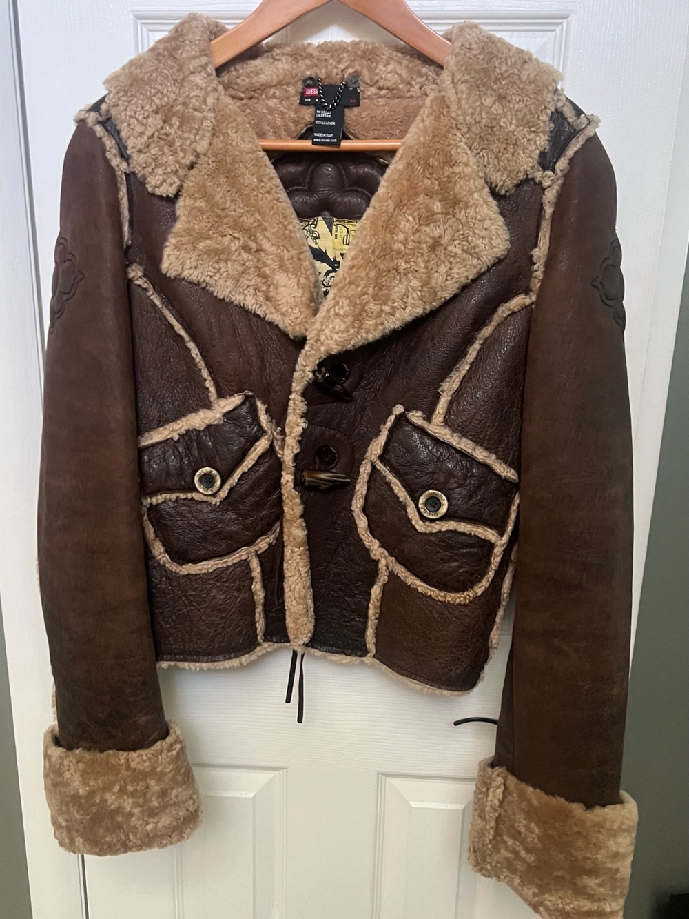 Diesel Women's Brown Teddy Shearling-Trim Leather Jacket